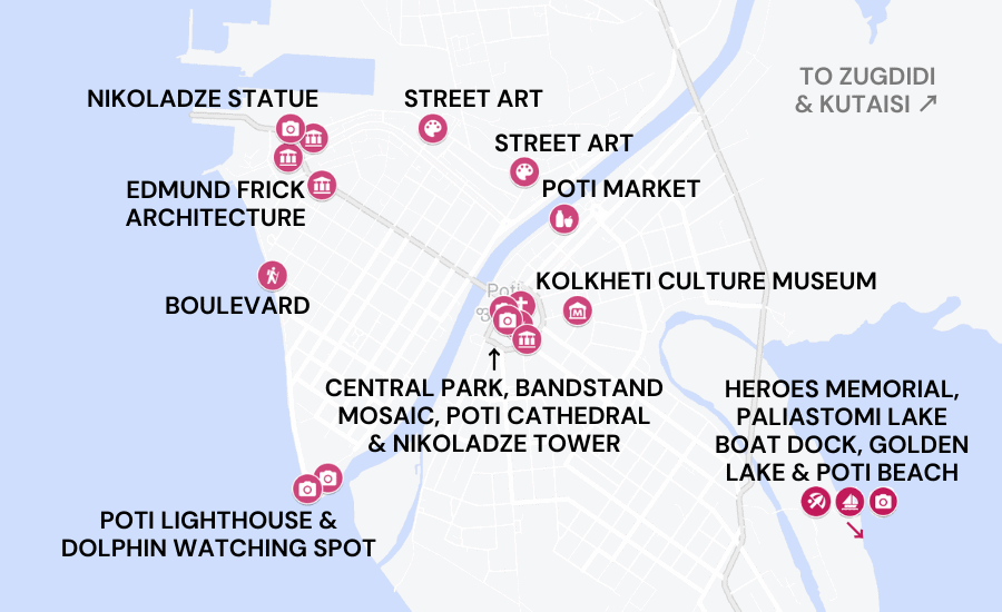 Tourist map of things to do in Poti, Georgia.