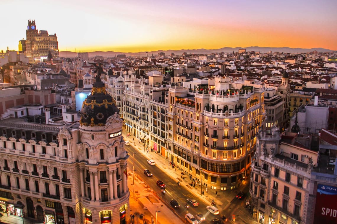 View from a rooftop of Gran Via Avenue in Madrid, one of the best Spanish-speaking cities 