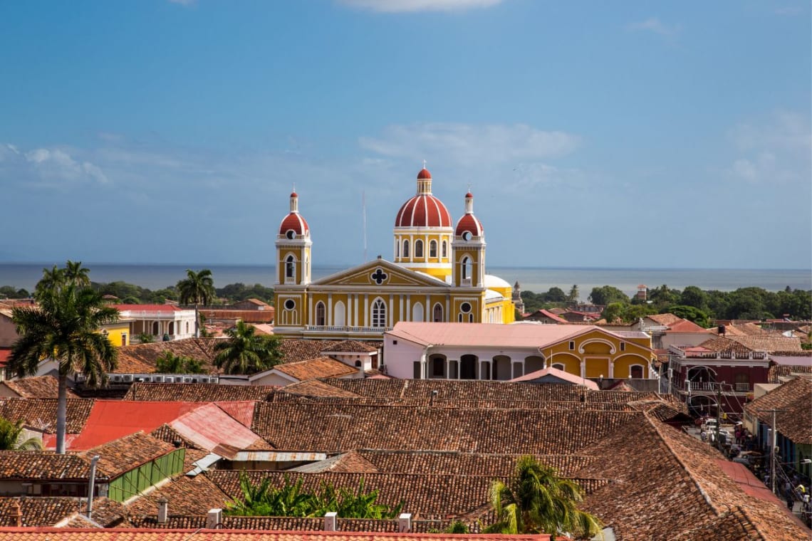 Red-tiled roofs and Cathedral in Granada, Nicaragua, a picturesque Spanish-speaking cities 