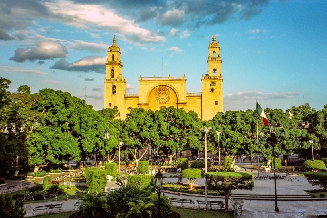 Spanish-speaking cities: central plaza of Merida with cathedral 