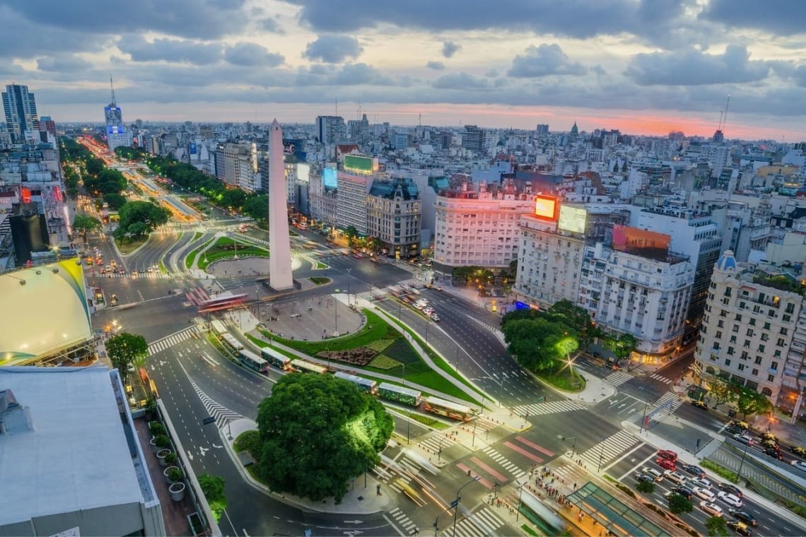 9 de Julio Avenue with Obelisco in the center. Buenos Aires, Argentina