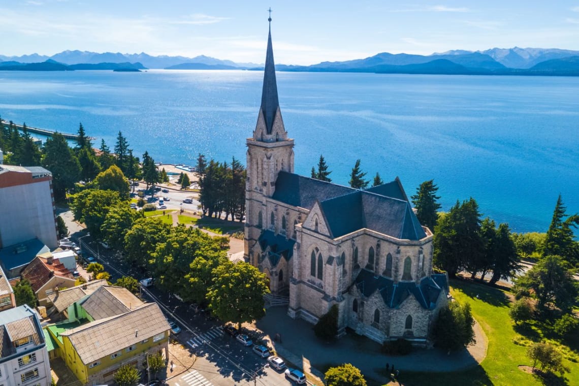 Aerial view of Cathedral next to Nahuel Huapi lake in Bariloche, one of the most beautiful Spanish-speaking cities 