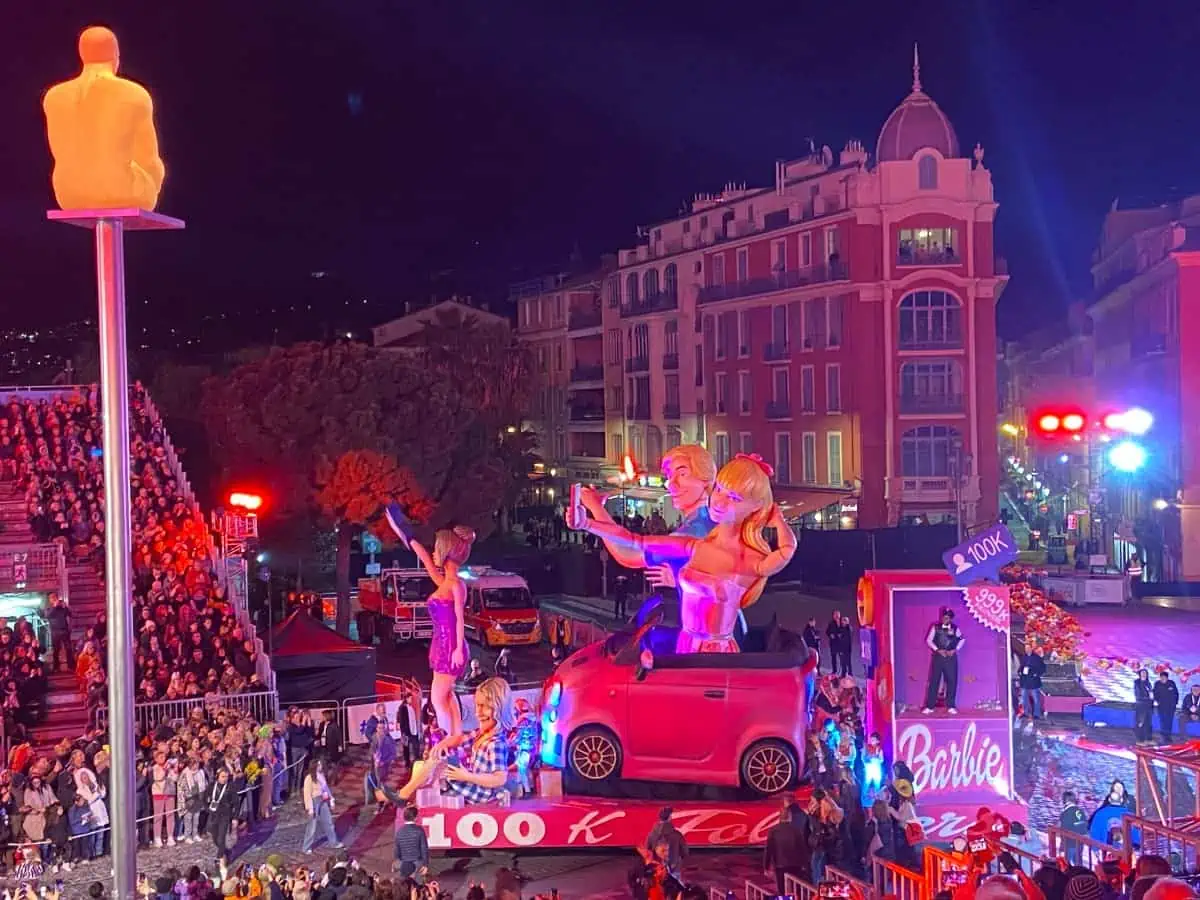 Barbie and Ken float from the Nice Carnival 2024