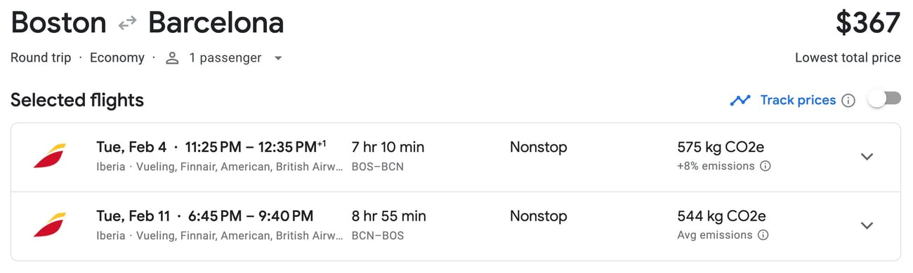 Boston to Barcelona roundtrip flight one passenger for $367