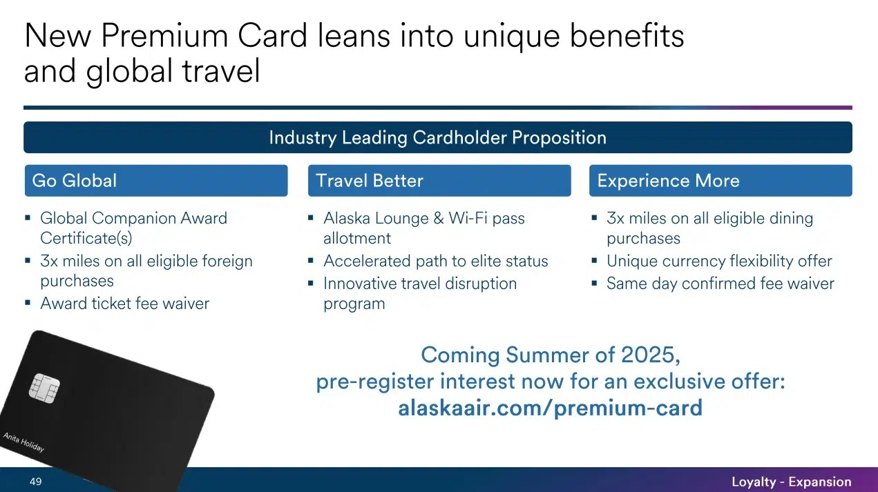 slide from alaska airlines investor presentation. new premium card leans into unique benefits and global travel. 