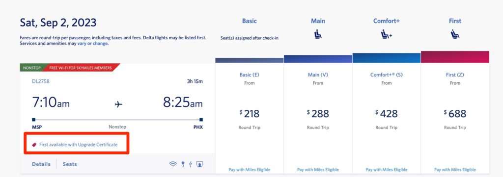 delta flight from minneapolis to phoenix showing an upgrade is available