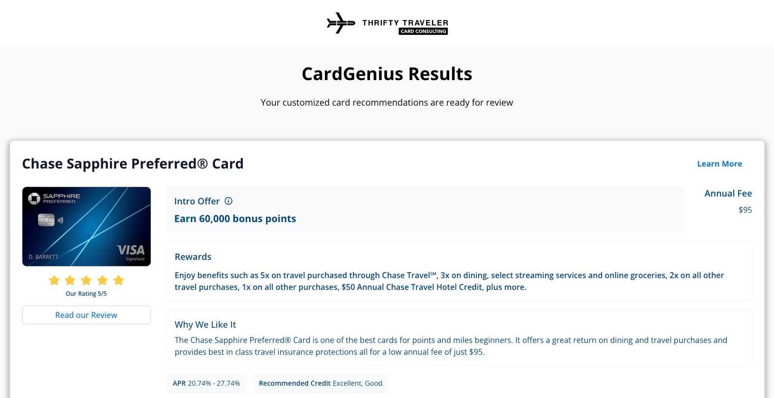 CardGenius results