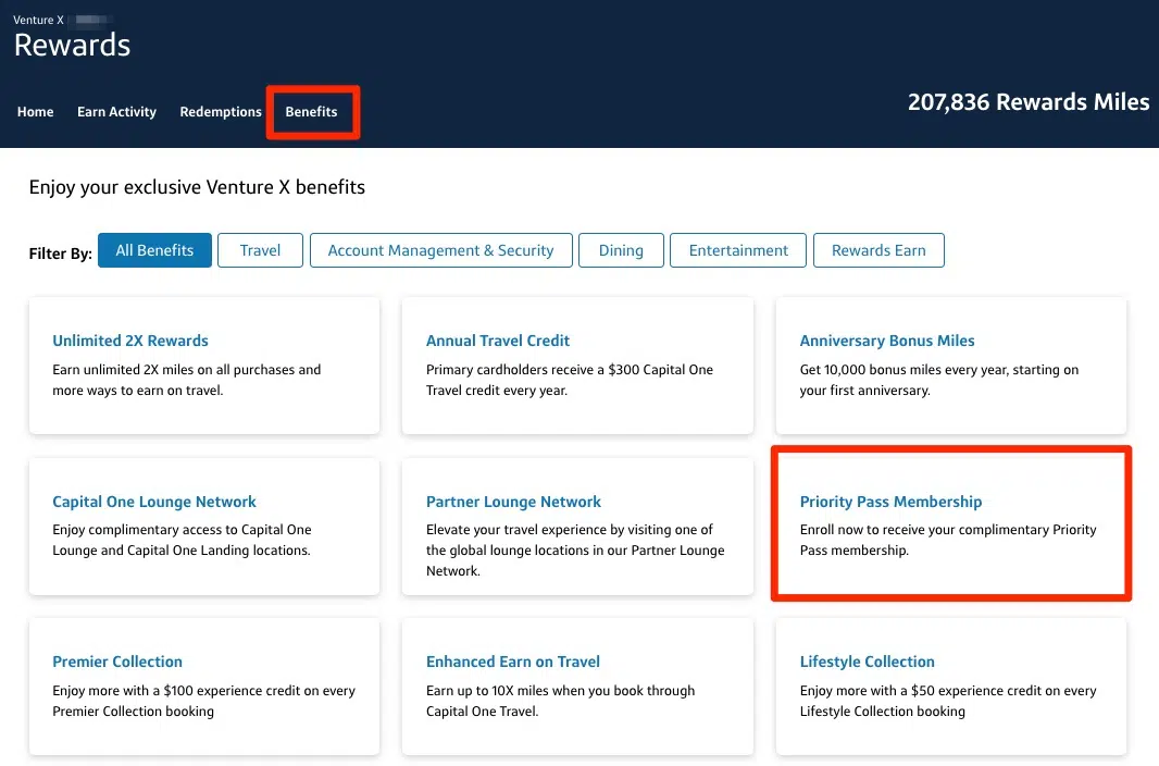 Capital One Venture X card benefits including a priority pass membership