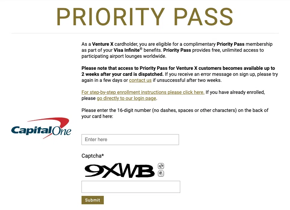 Venture X Priority Pass enrollment screen for capital one venture x cardholders