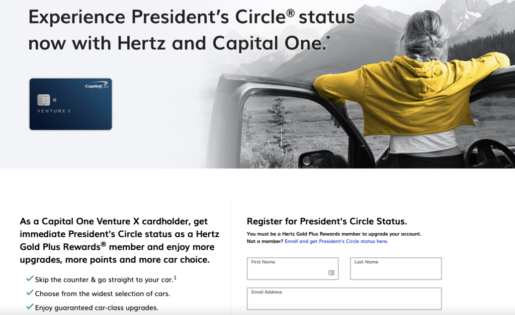 Capital One Hertz Status registration page for capital one venture x cardholders