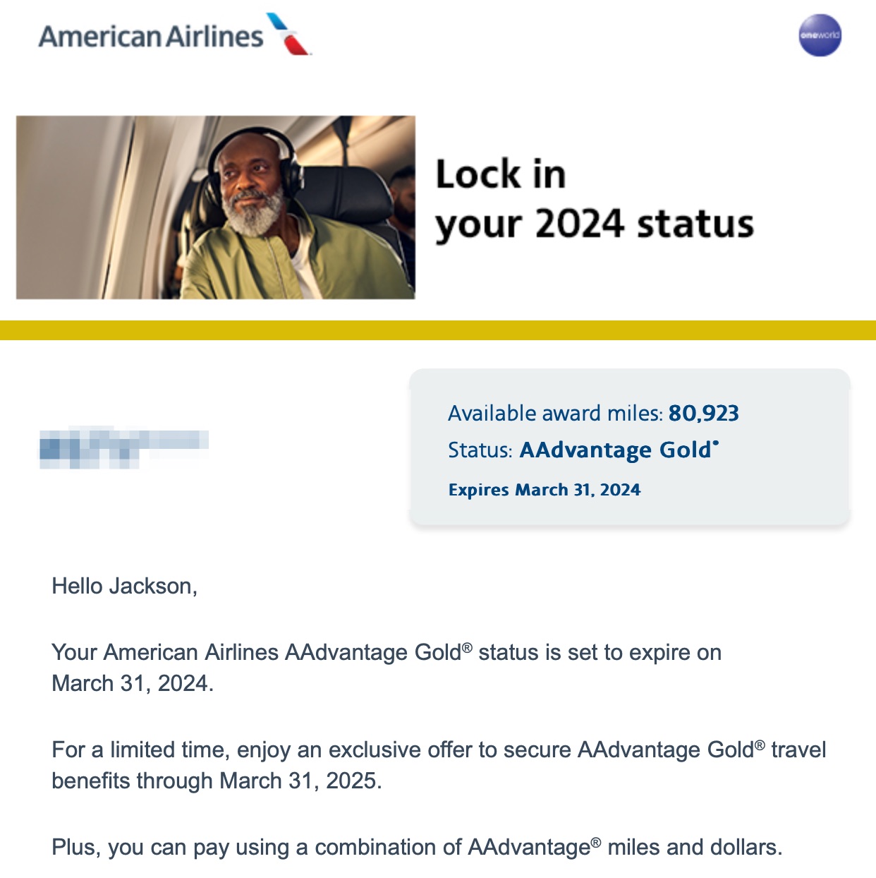 Email from American Airlines offering to sell current status level for next year