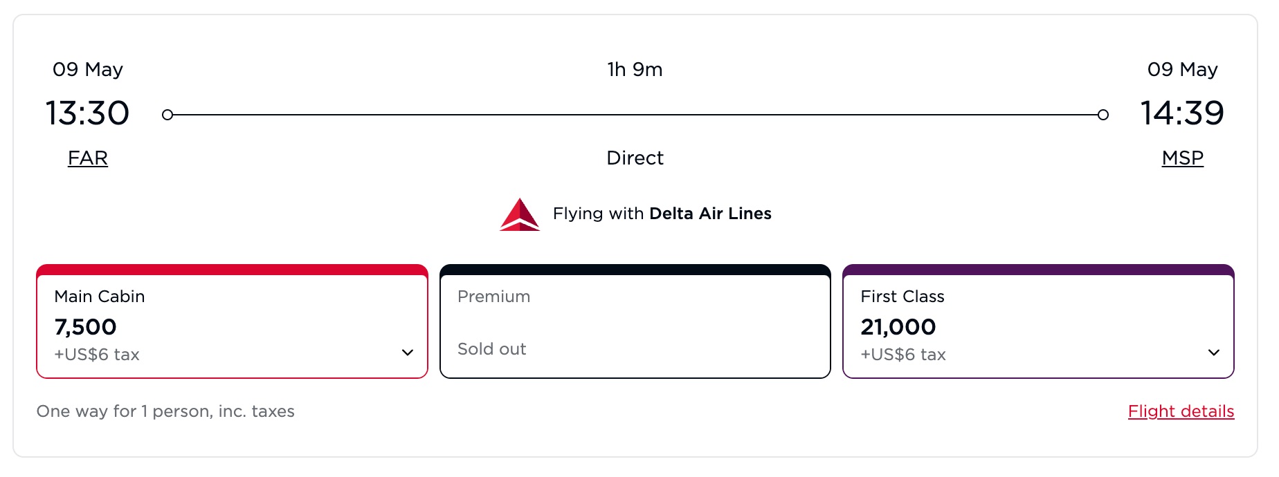 A Virgin Atlantic award booking for a Delta flight from Minneapolis to Fargo on May 9th. Main cabin costs 7,500 points, Premium is sold out, and first class costs 21,000 points. 