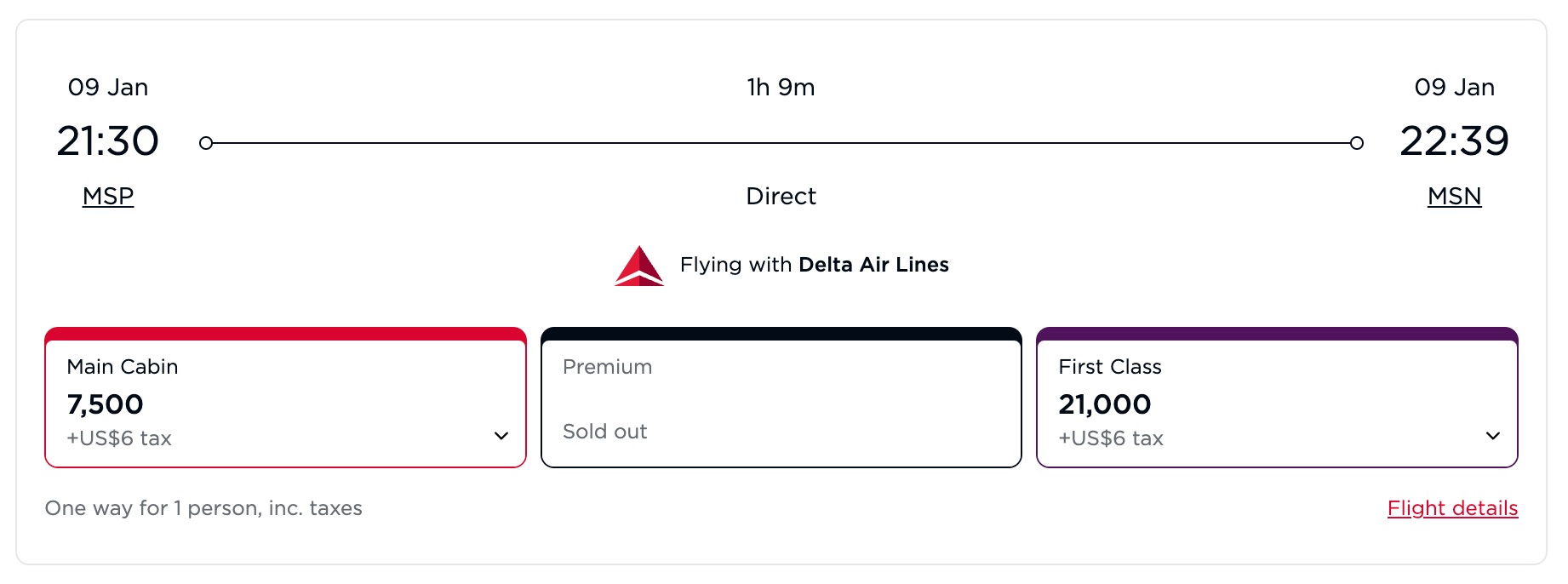 Virgin Atlantic award flight search for flights from Minneapolis to Madison on January 9th. Main cabin costs 7,500 points and first class costs 21,000 points. 