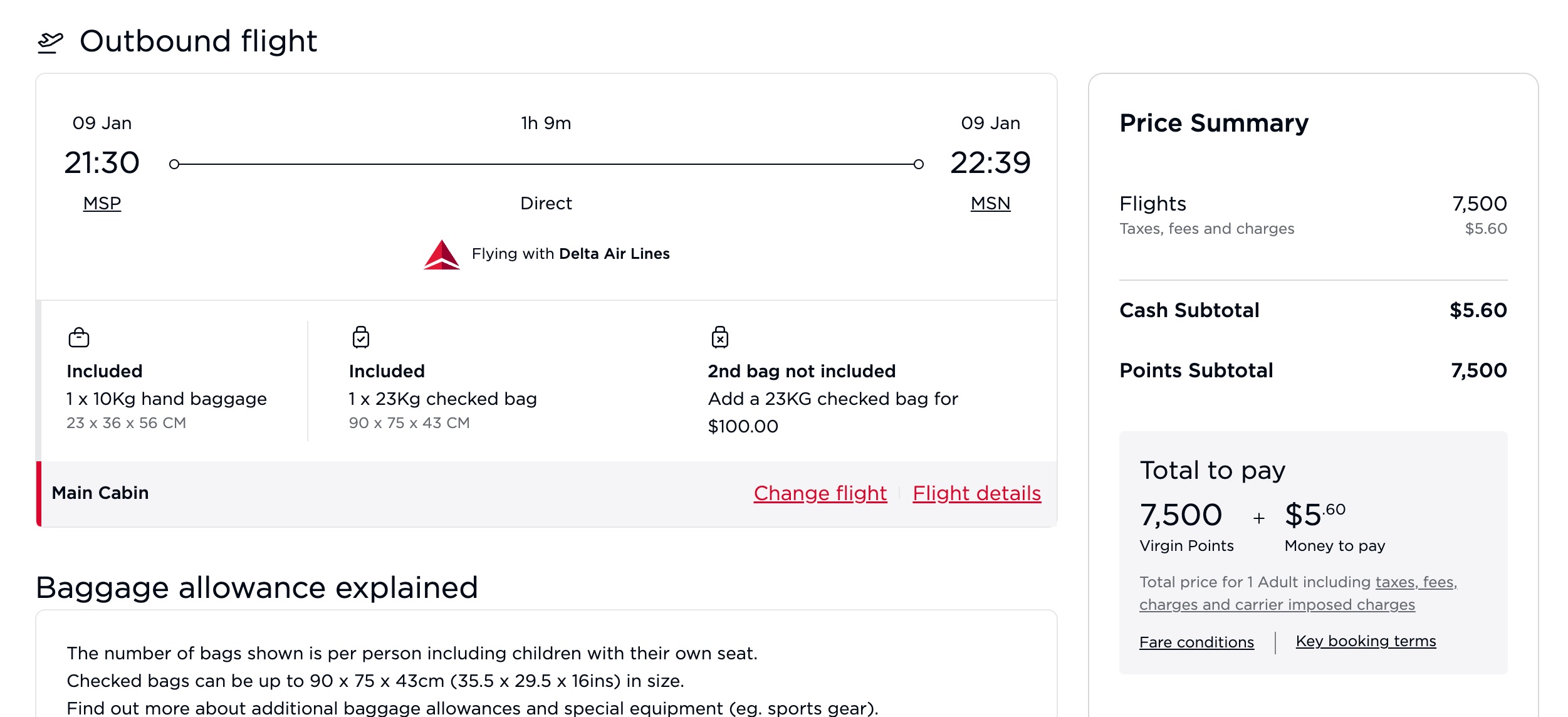 The checkout page for a delta airlines flight from minneapolis to madison on january 9th. the price summary is $5.60 in taxes and fees and 7,500 points. 