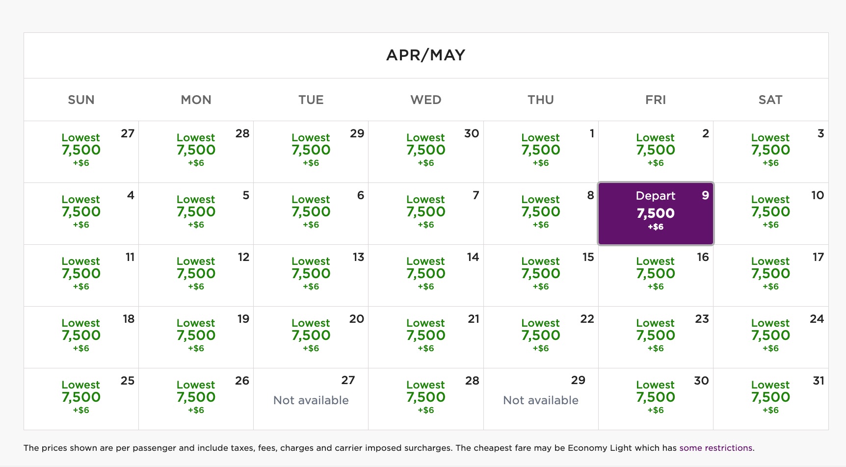 calendar of Virgin Atlantic award rates for a Delta flight from Fargo to Minneapolis for April and May