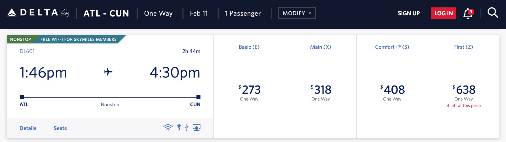 A Delta flight from Atlanta to Cancun on February 11th costs $273 for basic economy and $318 for main cabin. 