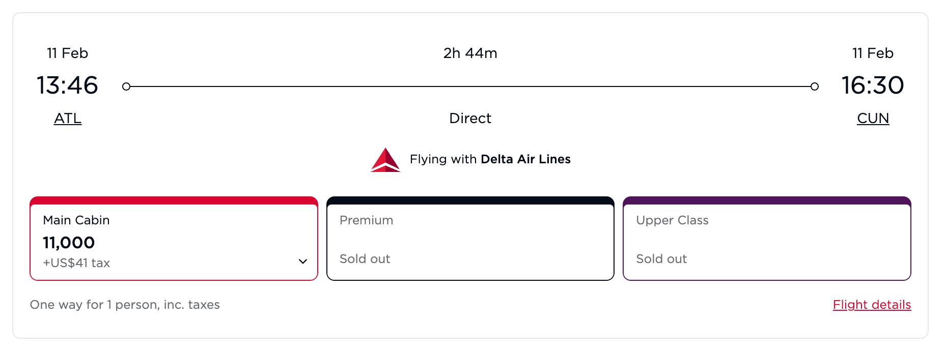 A Virgin Atlantic award booking for a Delta flight from Atlanta to Cancun on February 11th. Main cabin costs 11,000 points