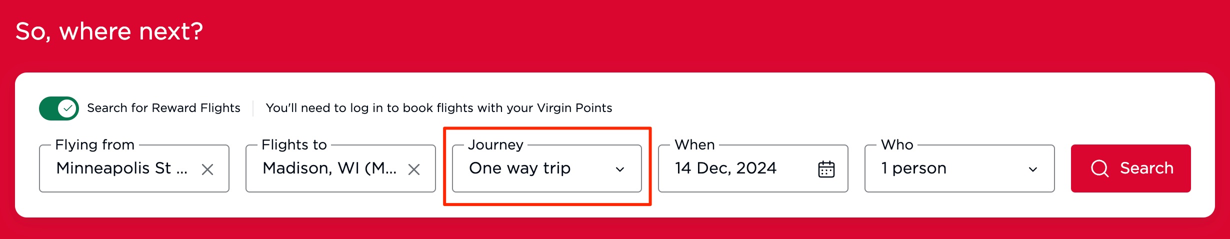 a virgin atlantic reward flight search for a one-way flight from minneapolis to madison on december 14, 2024. 