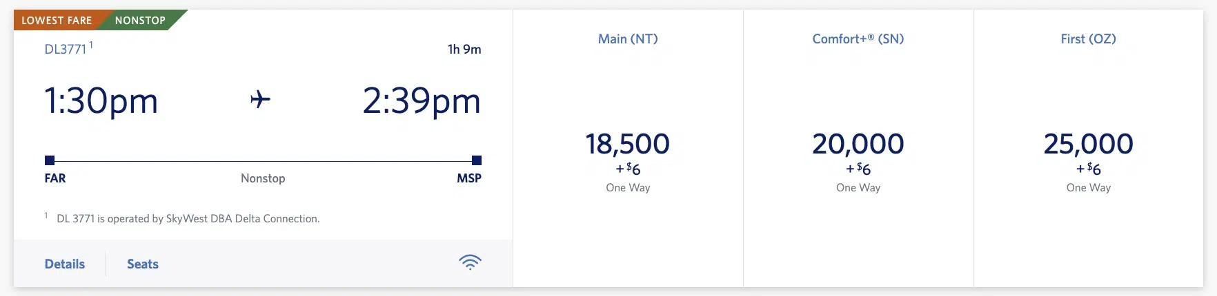 Delta SkyMiles pricing for a Delta Flight from Fargo to Minneapolis. Main cabin is 18,500 miles, Comfort Plus is 20,000 miles, and first class is 25,000 miles.