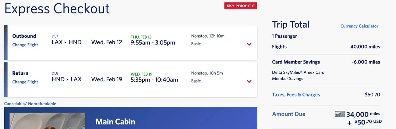 Airfare from Los Angeles to Tokyo booked with Delta. 