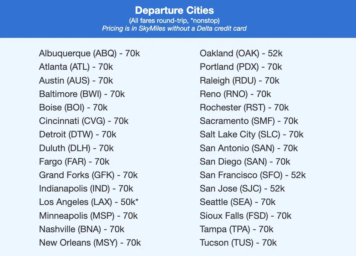 Delta SkyMiles fares to Tahiti listed out. 