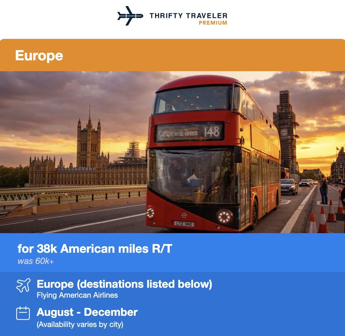 A double decker London bus in a flight deal alert. 