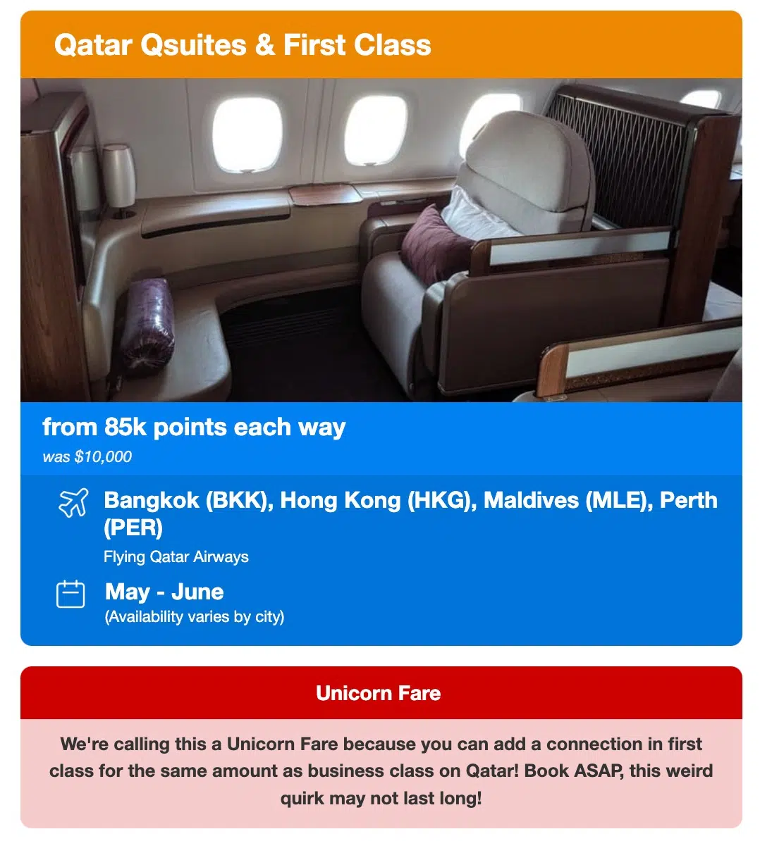 Qatar Airways first class seats in a flight deal alert. 