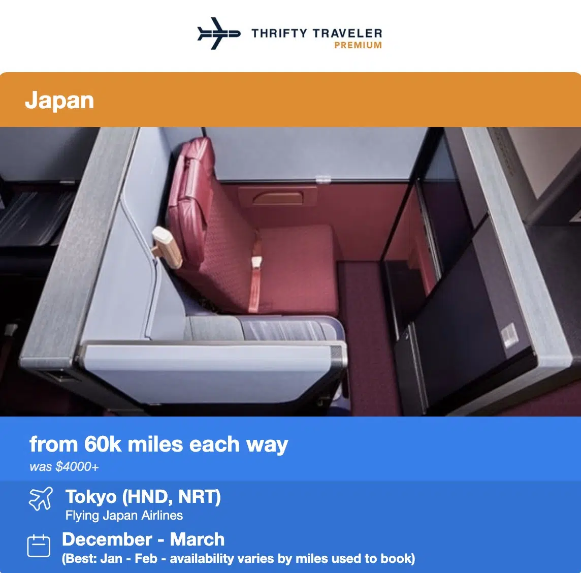 Japan Airlines business class seat in a flight deal alert. 