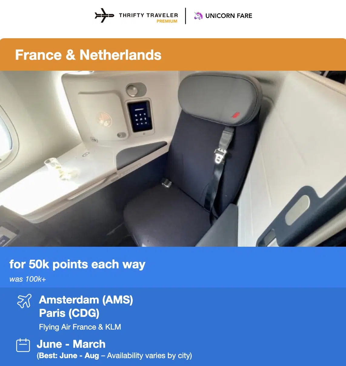 Air France business class seat inside a Thrifty Traveler unicorn alert. 