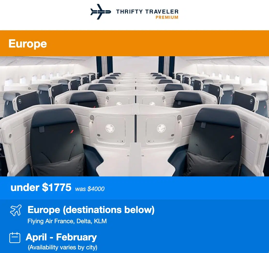 An air france business class cabin featured in a flight deal alert email. 