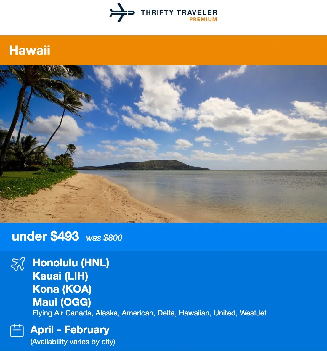 Hawaiian beach inside a flight deal. 