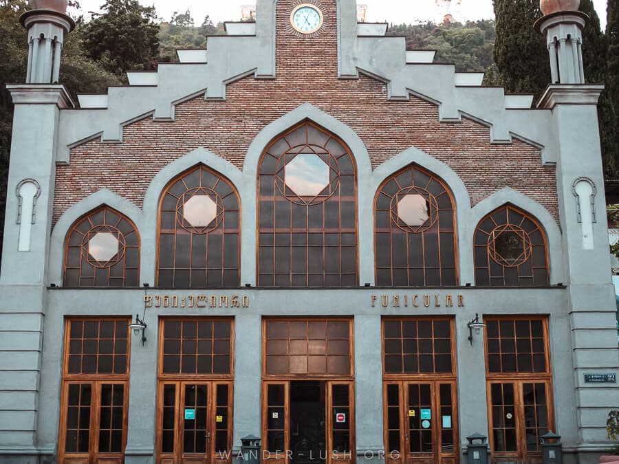 A gorgeous Deco-style brick building - the lower station of the Tbilisi Funicular.