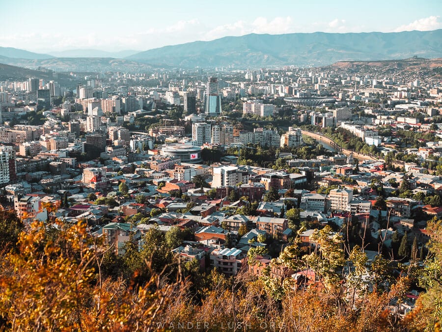 Tbilisi city viewed from the Tbilisi TV Tower hiking trail on Mtatsminda mountain.