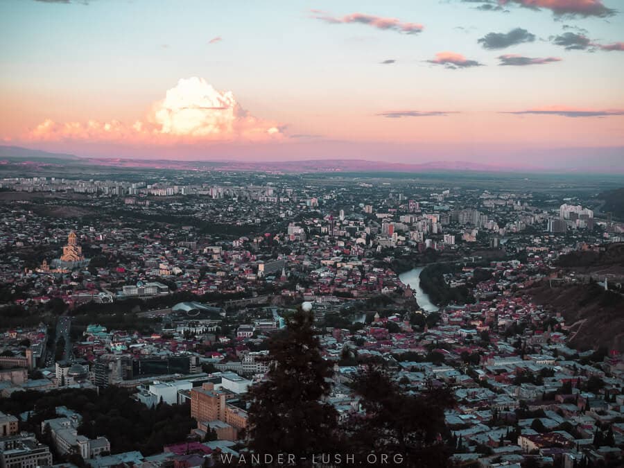 Tbilisi city at sunset, viewed from Mtatsminda Viewpoint.