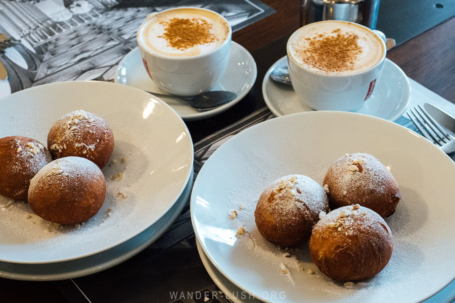 Two plates of ponchiki donuts at Tbilisi's Restaurant Funicular.