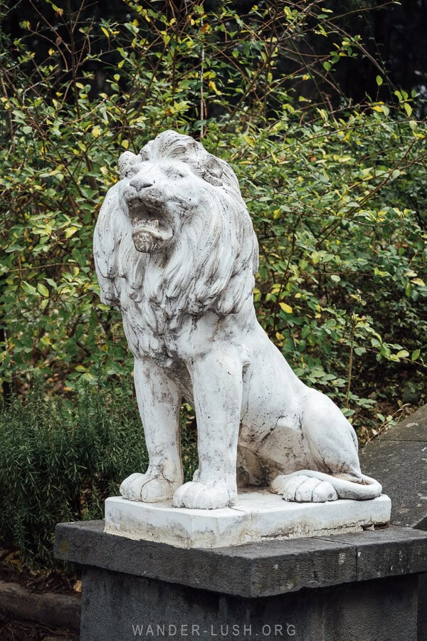 A lion sculpture inside Mtatsminda Amusement Park in Tbilisi, Georgia.