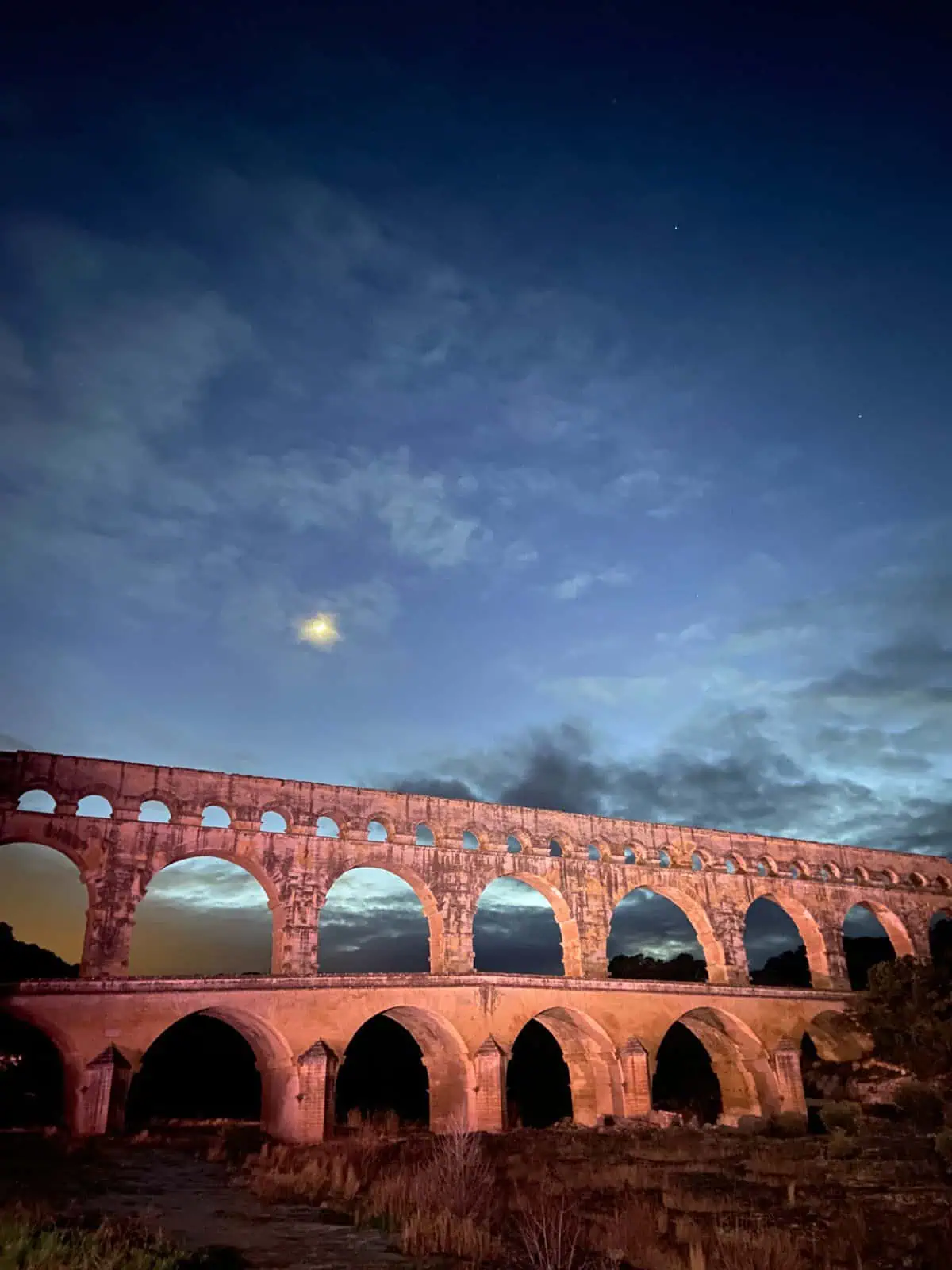 Pont du Gard at night with the moonlight