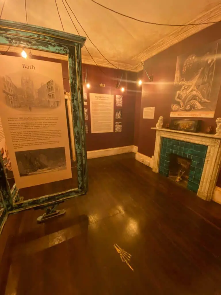 Posters with information inside Mary Shelley's House of Frankenstein in Bath, England