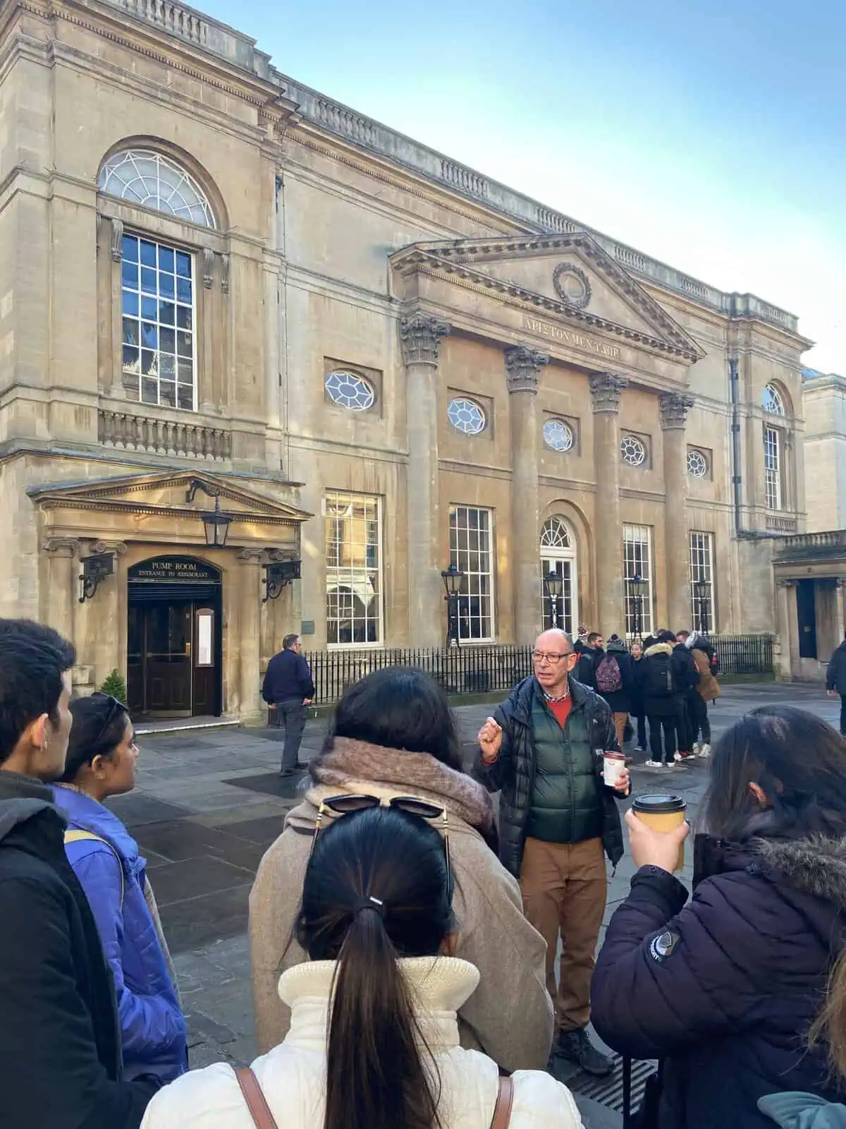 Our tour guide leading a free walking tour in Bath, England