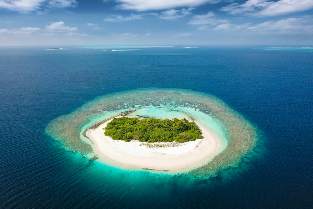 Arial view of an uninhabited, tropical island with lots of trees and turquoise water in Maldives.