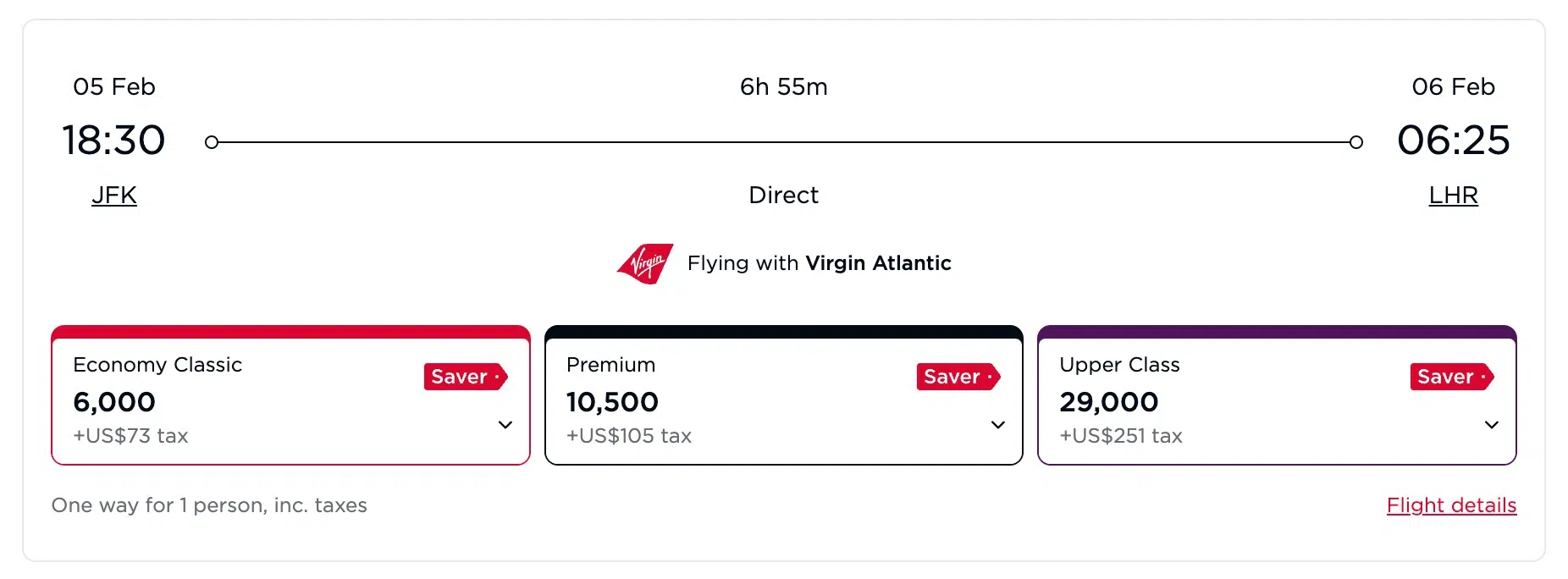 february 5 jfk-lhr flying with virgin atlantic economy classic 6,000 points, premium 10,500 points, upper class 29,000 points