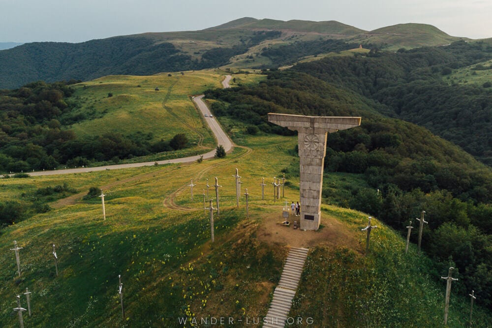 Aerial view of the Didgori Battle Monument, a large stone monument on a hill in Kvemo Kartli, Georgia.