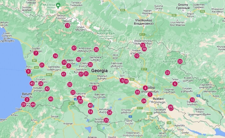 Map of places to visit in Georgia the country.