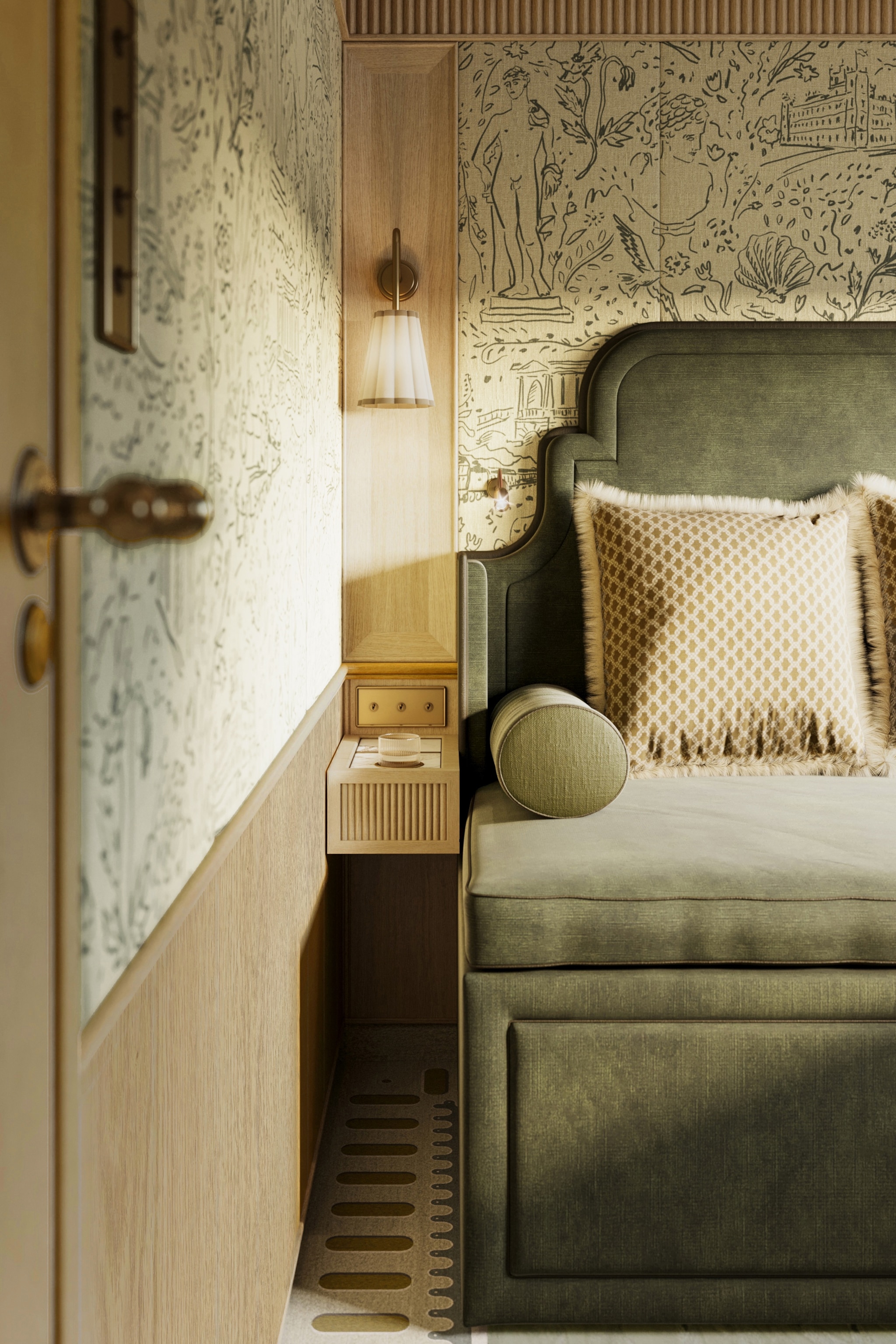 A view inside a train wagon with illustrated wallpaper and velvet sofa and cushions.