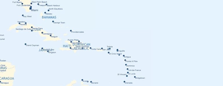 Map of American Airlines destinations in the Carribbean. 