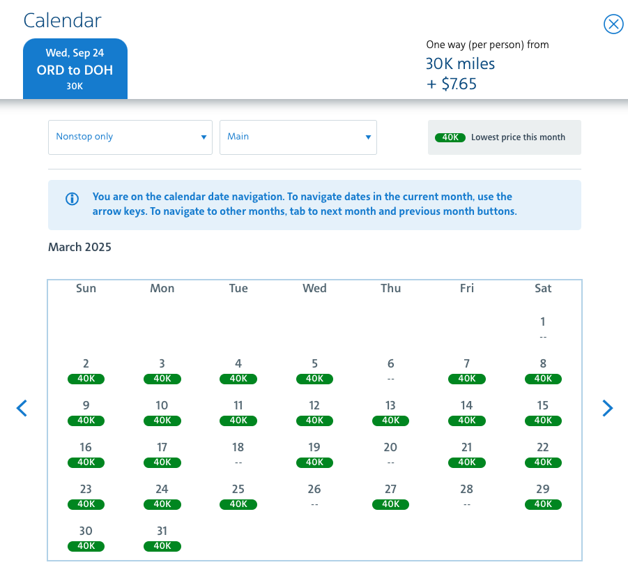 A calendar Qatar Airways economy class availability for March 2025 from Chicago (ORD) to Doha (DOH)