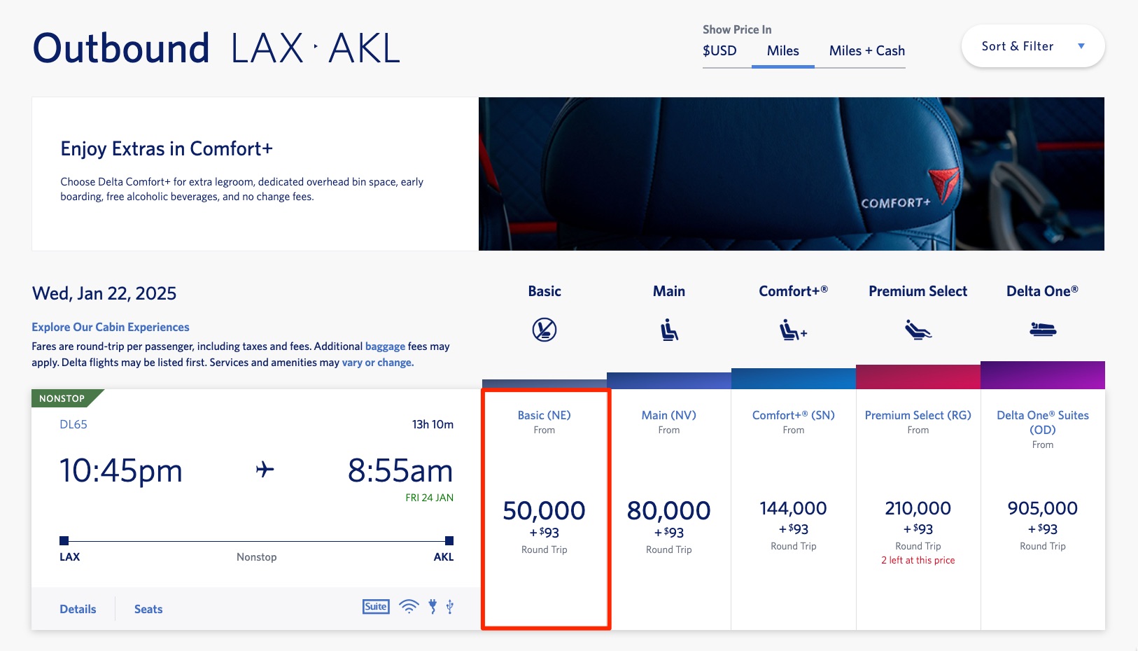 basic economy price when redeeming delta skymiles