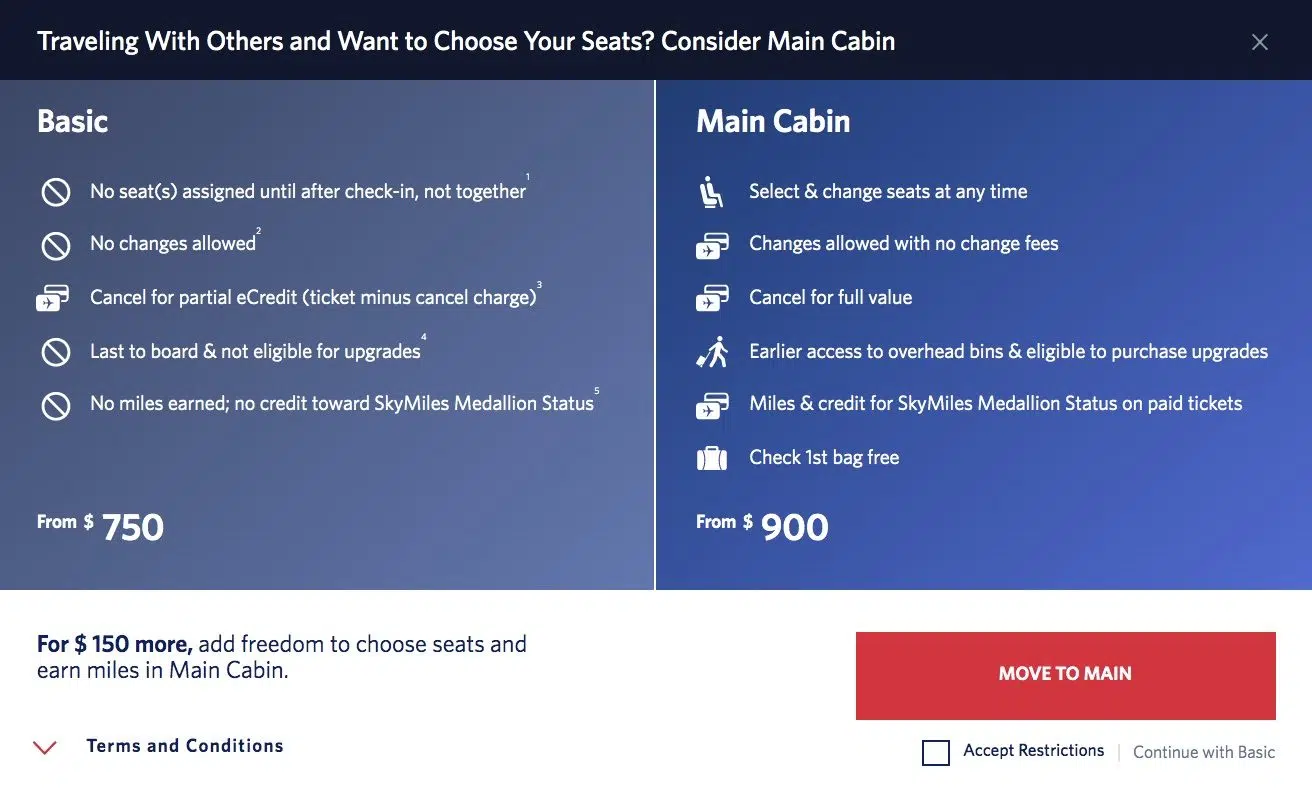 delta's breakdown of basic vs main cabin economy fares