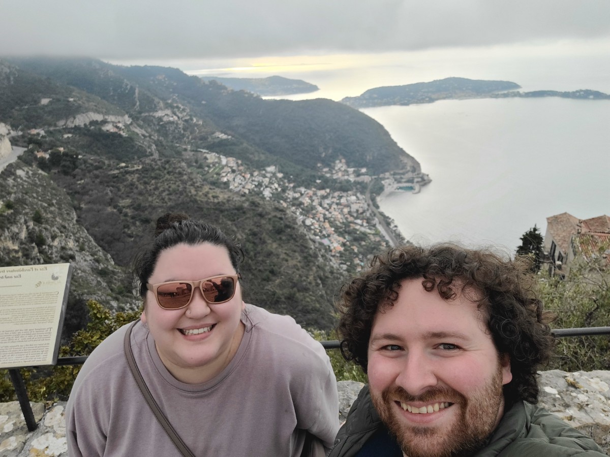 Colin and Riana taking a selfie from a high viewpoint in Eze, France