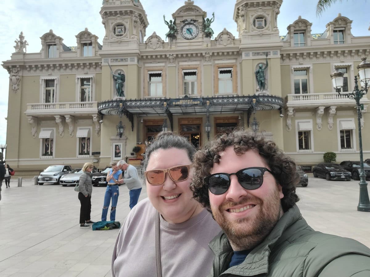 Colin and Riana taking a selfie in front of the Monte Carlo Casino in Monaco